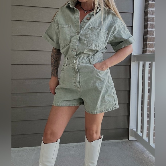 Zara romper jumpsuit denim jeans olive green - Picture 3 of 11
